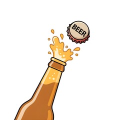 Beer Bottle Cap Flying Off with Splash and Foam – Dynamic Cartoon Illustration of Refreshing Drink Explosion