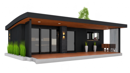 Modern house exterior with dark walls, large glass doors, wooden ceiling, outdoor lighting, potted plants, and small bar area, creating stylish and welcoming atmosphere