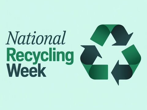 National recycling week graphic with green recycling symbol and text on a light blue background