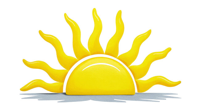 Rising yellow sun with curved rays and cheerful, playful style, casting soft shadow on transparency background, evokes sense of warmth and positivity