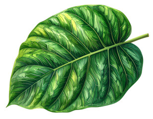 Green tropical leaf with detailed veins, transparent background  