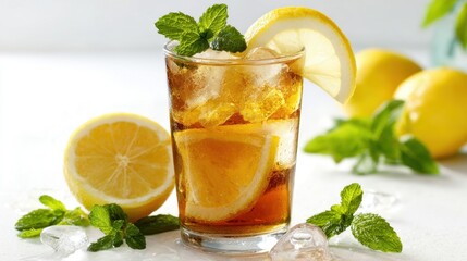 Fototapeta premium Tall glass filled with iced tea lemon slices and mint leaves capturing a fresh summer vibe.