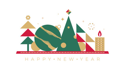 New Year geometric composition with Christmas trees and candle in red, green, and gold tones