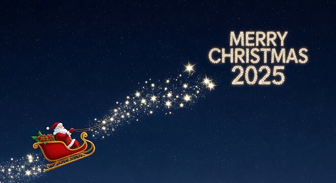 Merry christmas santa claus sleigh stars night sky holiday season festive celebration 2025 - Powered by Adobe