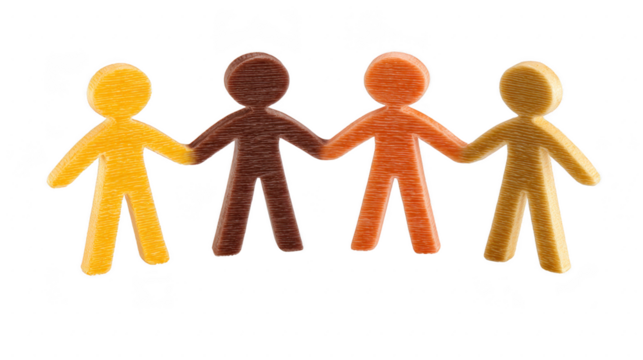 Diversity unity friendship teamwork inclusion community support togetherness people cooperation are shown by four colorful human figures holding hands symbolizing harmony and positive connection