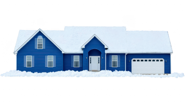 Blue house snow covered roof white trim two story suburban home winter season residential building attached garage front porch peaceful atmosphere