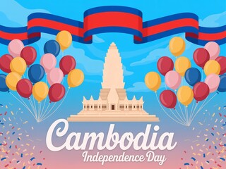 Cambodia independence day celebration with national flag balloons and angkor wat monument illustration