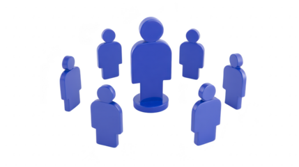 Blue human figure icon surrounded by smaller blue figures, symbolizing leadership, teamwork, group management, and organizational structure, with modern and minimalistic style