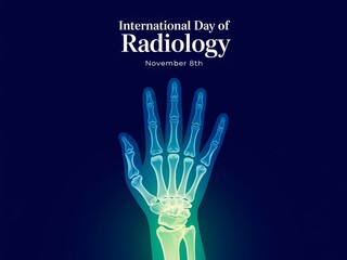 International day of radiology celebrated with a glowing x ray of a human hand against a dark blue background