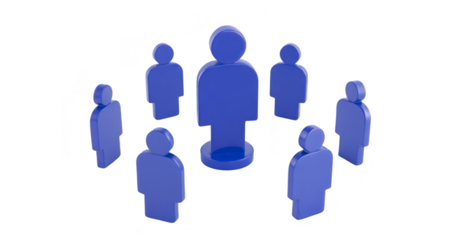 Blue human figure icon surrounded by smaller blue figures, symbolizing leadership, teamwork, group management, and organizational structure, with modern and minimalistic style