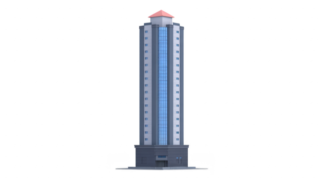 Tall modern skyscraper with glass windows, blue and gray facade, and red roof, isolated on transparency background, urban architecture, office or residential building, vertical structure