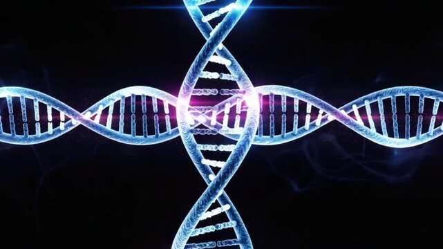A closeup 3d render of a dna double helix structure with glowing blue and pink light