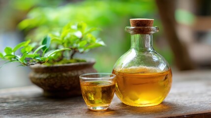 A beautiful glass bottle filled with golden liquid sits next to a small glass on a wooden table amidst greenery.