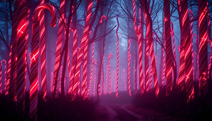 Enchanted Candy Cane Forest at Dusk, Neon Red & Blue Holiday Wonderland Pathway