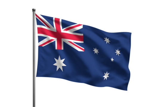 A waving Australian flag on a silver pole against a PNG background