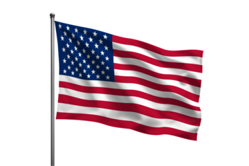 A waving American flag on a silver flagpole against a PNG background