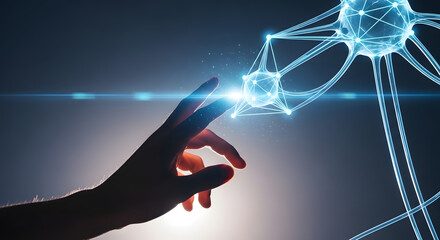 Abstract Visualization of Human-Computer Interaction Featuring a Hand Touching an Illuminated Neural Network Depicting Connectivity, Innovation, and the Future of Artificial Intelligence