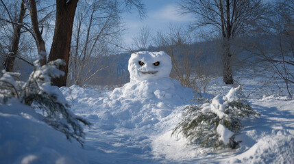 Evil Snowman with Glowing Eyes in Winter Landscape