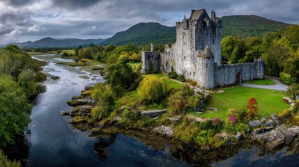 Fototapeta premium A stunning castle overlooks a calm river surrounded by vibrant vegetation and distant mountains.