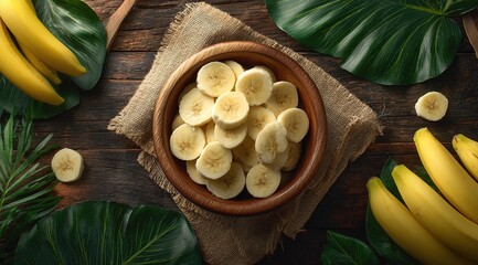 Rustic still life of sliced bananas in bowl with tropical leaves