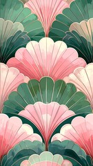 Repeating Art Deco fan pattern in pink, teal, and gold