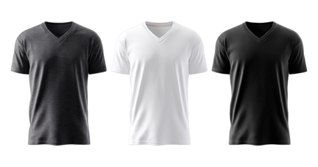 Three Vneck Tshirts in gray, white and black presented on a transparent background