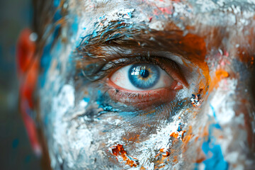 Close-up of a person with artistic face paint in vibrant colors during a creative event in an urban setting