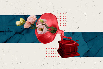Vertical art pop poster banner collage of vintage melody player retro gramophone pipe eustoma international spring holiday music