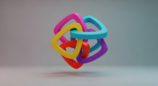 Interlocking Abstract Triangles Colorful 3D Render: Vibrant Geometric Sculpture on Light Gray Background - Modern Art Installation with Pink, Yellow, Red, Purple, and Blue - Powered by Adobe