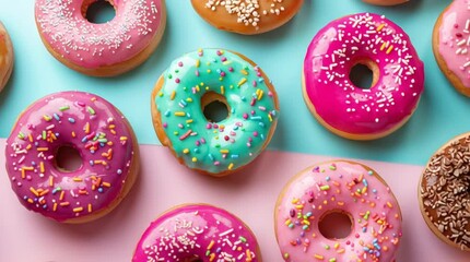 Background with colored glazed donuts on a colored advertising background. - Powered by Adobe