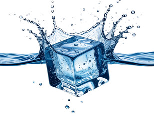 Ice cube splash into clear water, transparent background