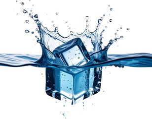 Ice cube splash into clear water, transparent background 