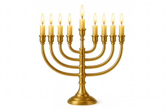 Hanukkah menorah, golden candelabrum with burning candles, celebrating jewish festival of lights, isolated on transparent background - Powered by Adobe