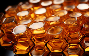 Close-up view of intricate honeycomb structure showcasing glistening amber honey