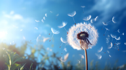 Dandelion seeds disperse gracefully in a clear blue sky during a calm afternoon in nature