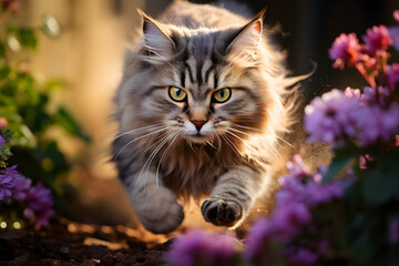 Majestic cat running through blooming flowers in a vibrant garden during golden hour