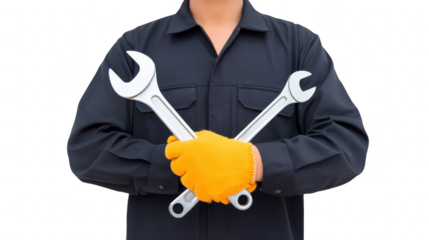 Mechanic in dark uniform with yellow gloves holding two crossed wrenches, symbolizing repair and maintenance, isolated on transparency background, professional and confident pose