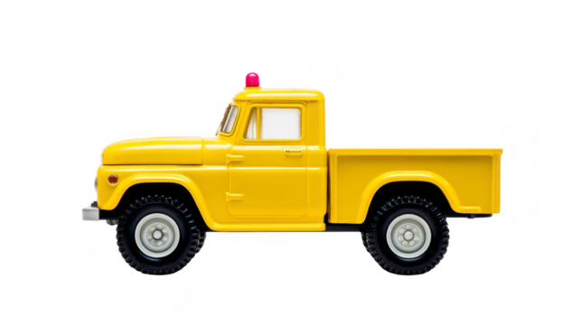 Yellow pickup truck with red emergency light, classic design, isolated on transparency background, evokes nostalgia and utility, suitable for transportation or rescue themes