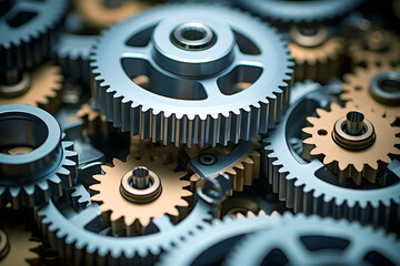 Close-up view of interlocking metallic gears arranged in a precise manner