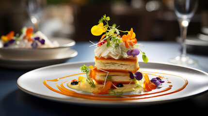 Gourmet dessert with vibrant flowers presented elegantly on a fine dining table during a culinary experience