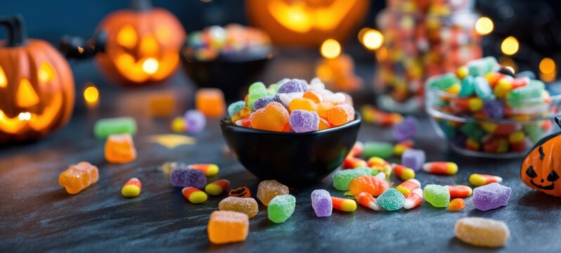 The candy bowl overflowing with colorful Halloween gummies and glowing jack-o'-lanterns