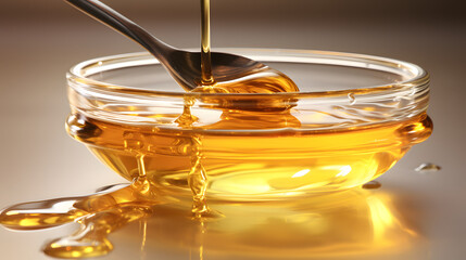 Honey dripping from a spoon into a clear bowl on a reflective surface capturing warm light and emphasizing texture