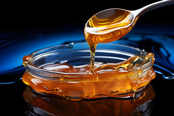 Golden honey dripping from a wooden dipper into a glass bowl on a dark background