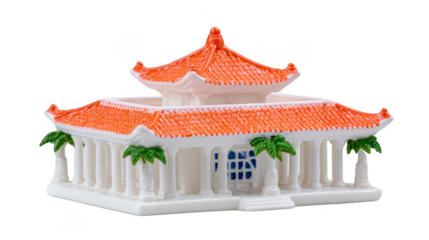 Traditional Asian temple model with red roof, white columns, and palm trees evokes cultural heritage and tranquility, ideal for architecture, travel, or education concepts