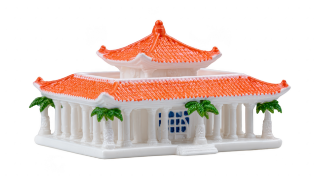 Traditional Asian temple model with red roof, white columns, and palm trees evokes cultural heritage and tranquility, ideal for architecture, travel, or education concepts