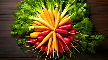 Colorful arrangement of fresh carrots and greens in a circular display during a farmers market event