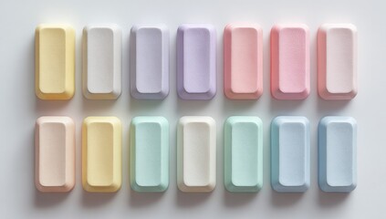 Pastel, rounded rectangle blocks in rows on a white surface