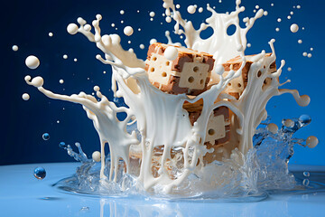 Milk splashing dramatically from a bowl filled with chocolate and ice cubes against a blue background