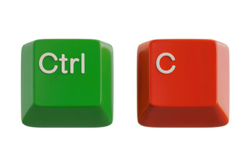 3d illustration two keyboard keys: Ctrl and C. Isolated on transparent background, png