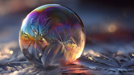 Extreme macro of a frozen soap bubble showing intricate ice crystal patterns and iridescent rainbow colors in a winter scene